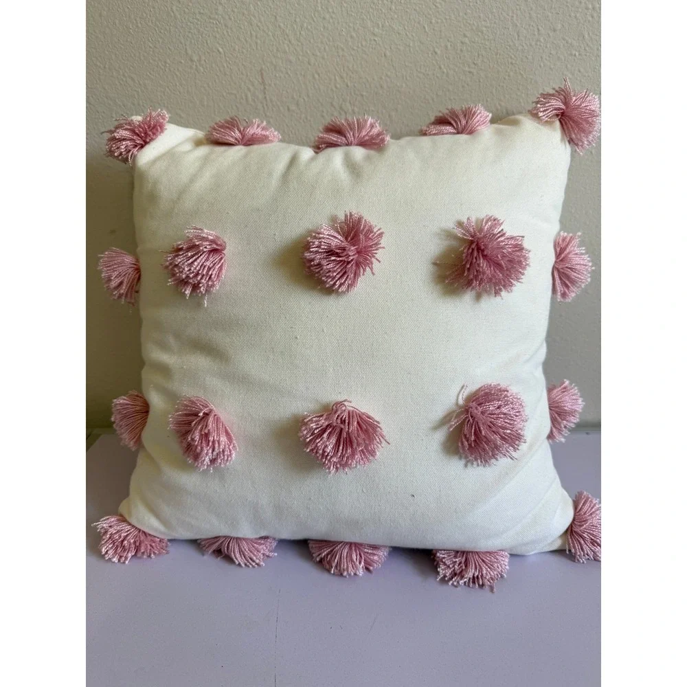 Boho Throw Pillow Pink Tassels Pom Pom‎ Accent Decorative Cushion